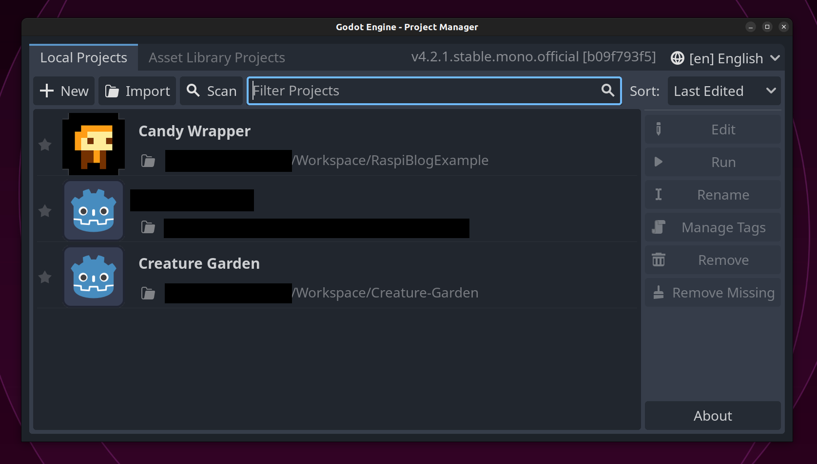 Screenshot of Godot 4's Project Manager Window on Linux